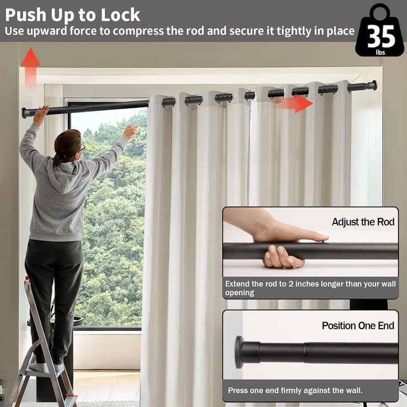 Hoople Tension Curtain Rod, No Drilling Tension Rods for Windows 83-123 Inch, Adjustable Pole Shower Curtain Rod, Non-Slip Telescoping Curtain Rods for Bathroom Patio Bedroom Laundry, Black - Image 2
